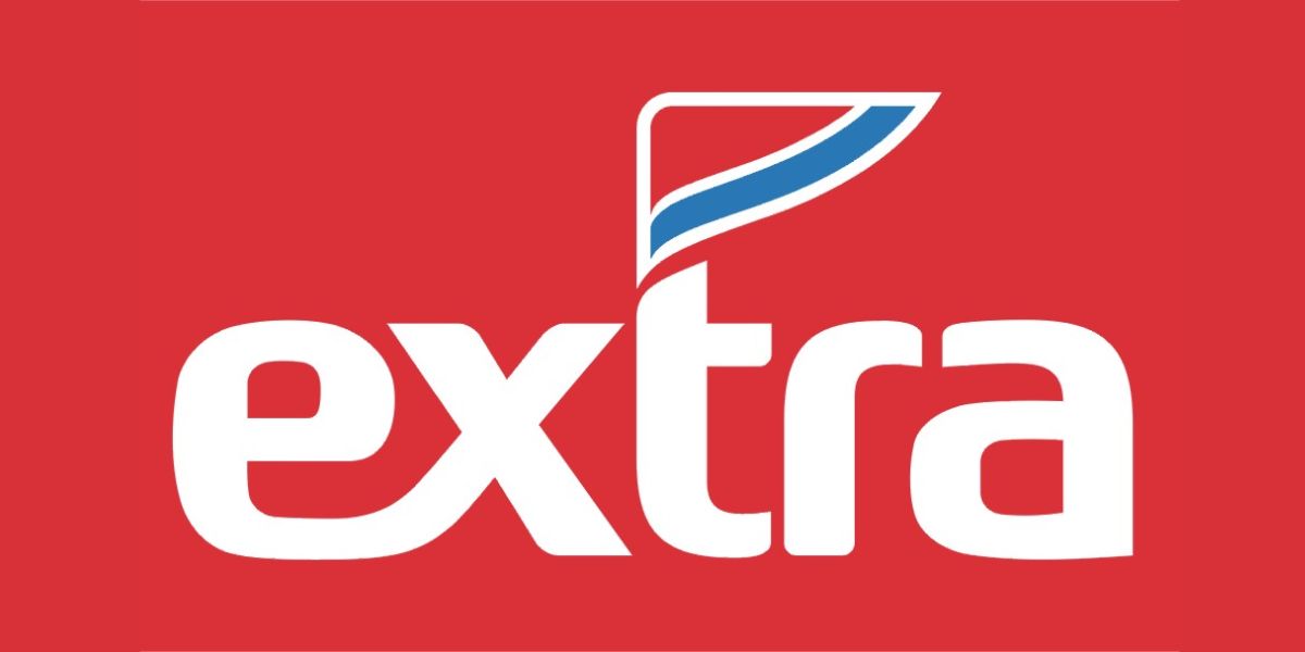 Logo do Extra com letras em branco com o fundo vermelho